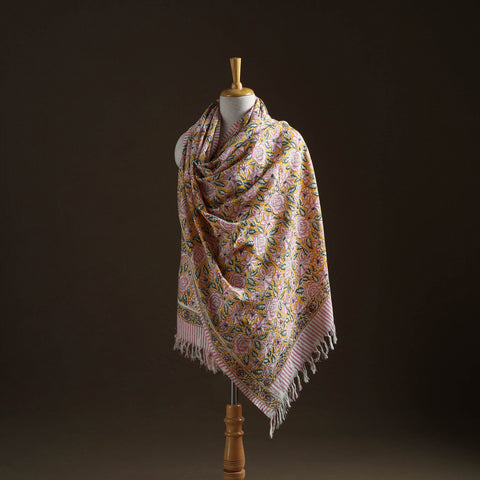 Floral sanganeri print pure merino wool handwoven shawl 86
