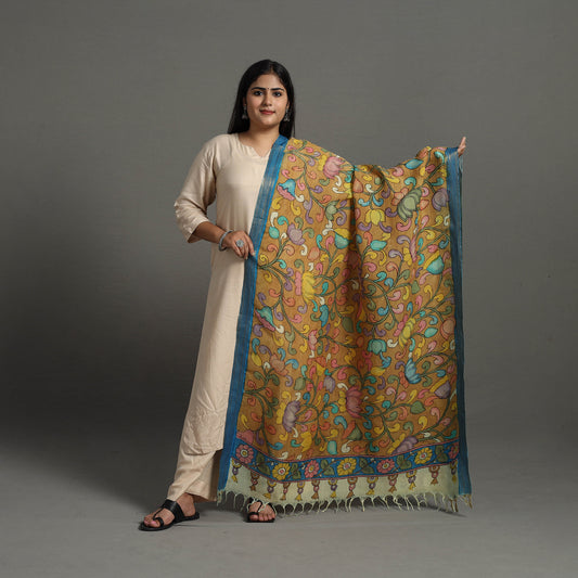 Yellow - Chanderi Silk Srikalahasti Handpainted Pen Kalamkari Dupatta 18