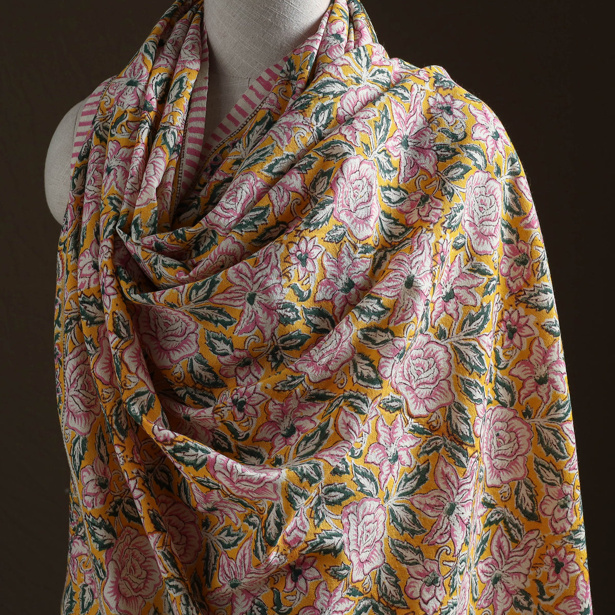 Floral Sanganeri Print Pure Merino Wool Handwoven Shawl 86