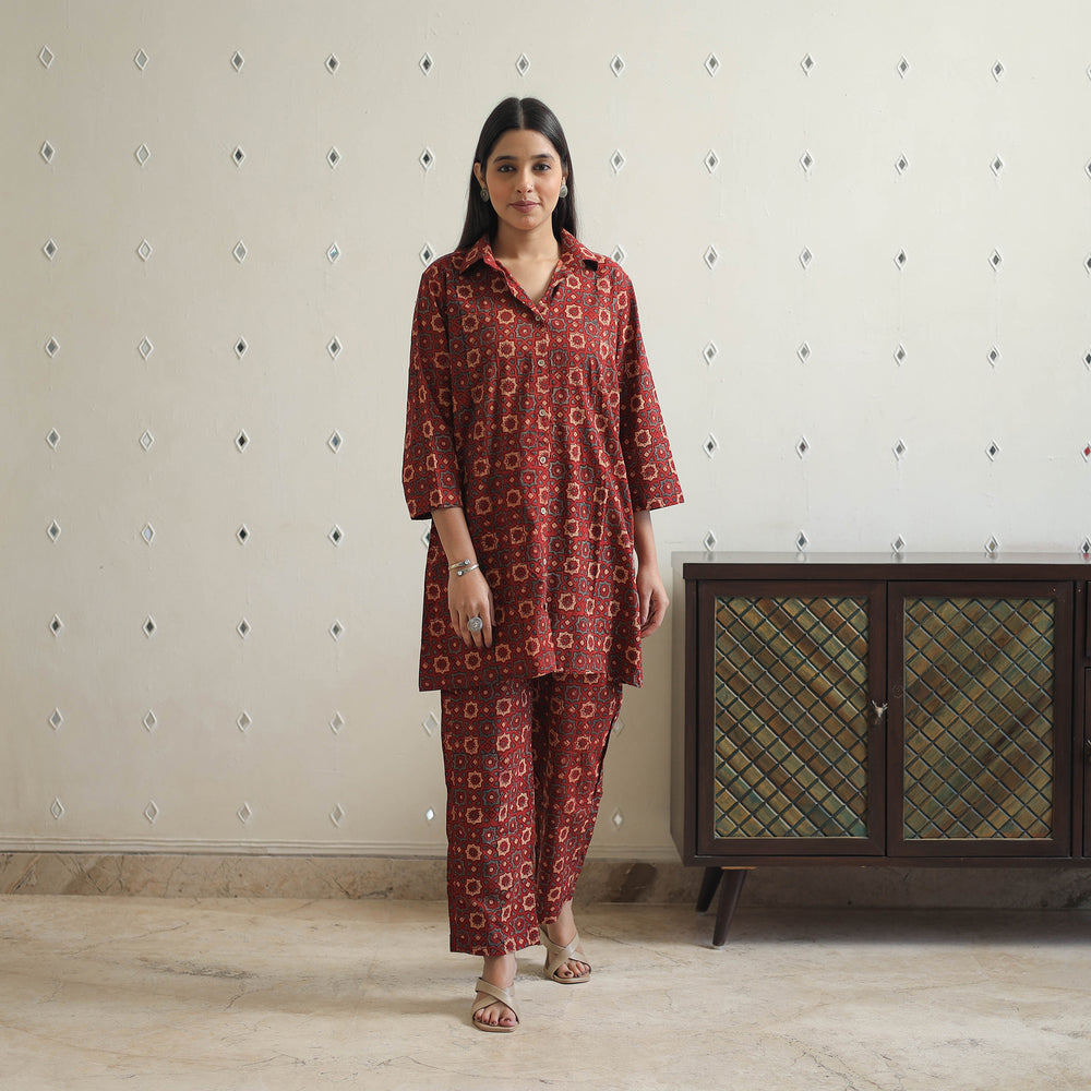 Red - Block Printed Cotton Ajrakh Co-ord Set 22