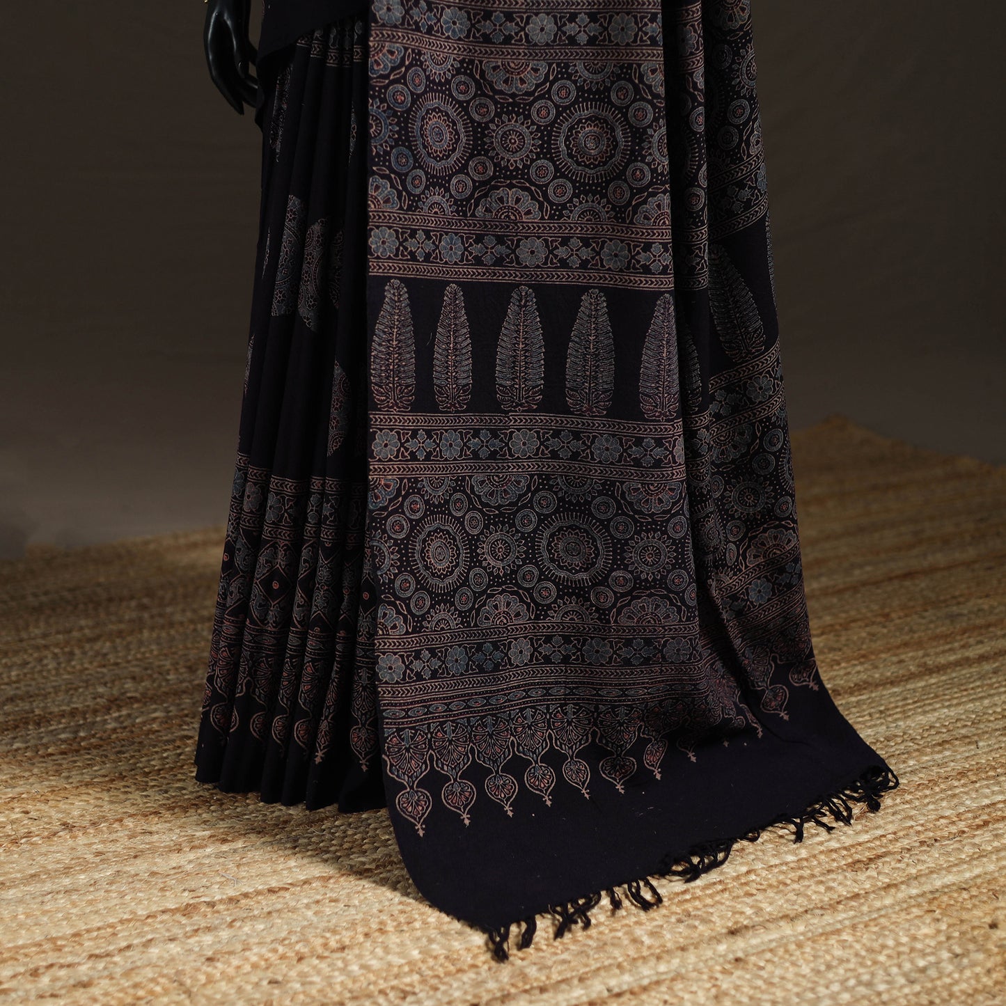 Black - Handwoven Merino Wool Natural Dyed Hand Block Print Ajrakh Saree 12