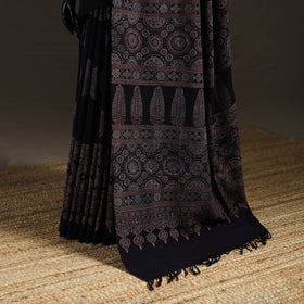 Black - Handwoven Merino Wool Natural Dyed Hand Block Print Ajrakh Saree 12