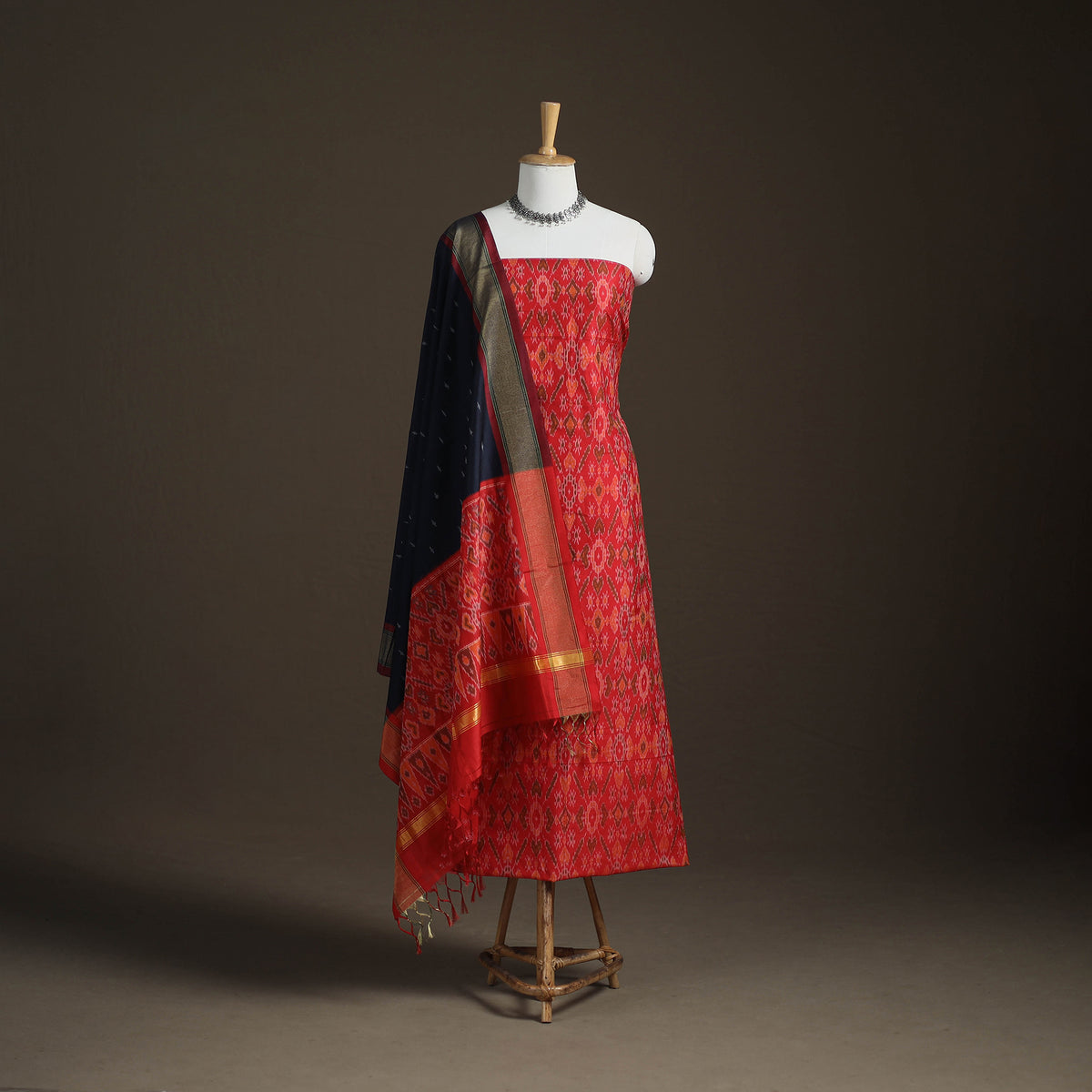 Pochampally Ikat Handloom Sico Unstitched Dress Material: Kurta with Dupatta 01