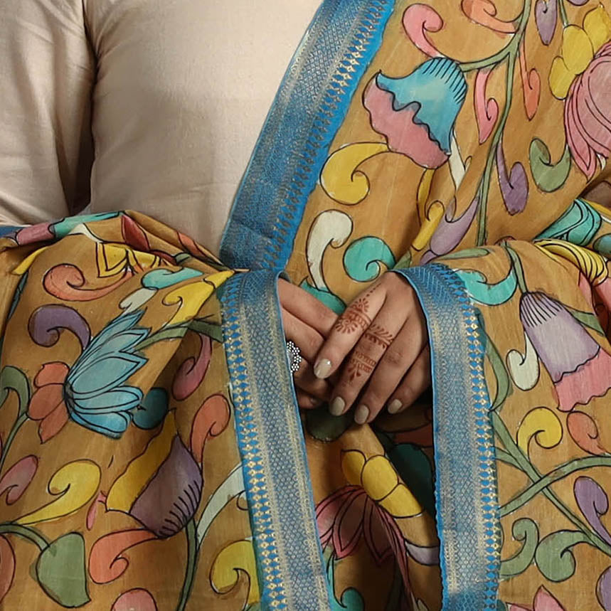 Yellow - Chanderi Silk Srikalahasti Handpainted Pen Kalamkari Dupatta 18