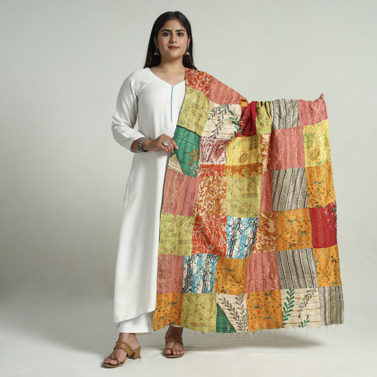 Multicolor - Bengal Kantha Embroidery Patchwork Reversible Silk Dupatta 42