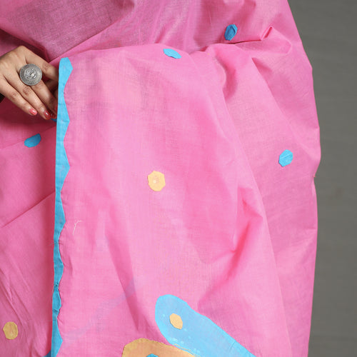 Pink - Applique Patti Kaam Pure Cotton Saree from Rampur 25