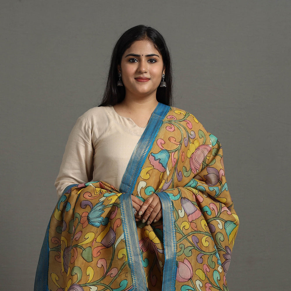 Yellow - Chanderi Silk Srikalahasti Handpainted Pen Kalamkari Dupatta 18