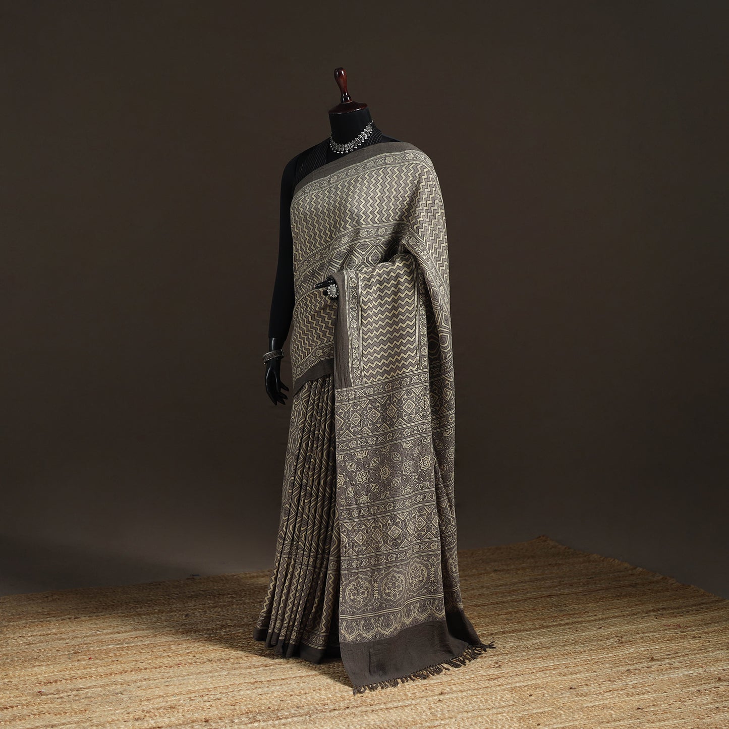 Beige - Handwoven Merino Wool Natural Dyed Hand Block Print Ajrakh Saree 13
