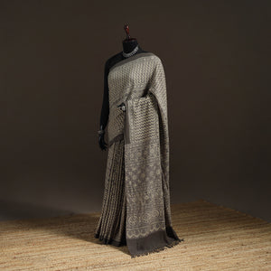 Beige - Handwoven Merino Wool Natural Dyed Hand Block Print Ajrakh Saree 13