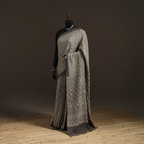 Handwoven Merino Wool Natural Dyed Hand Block Print Ajrakh Saree 13