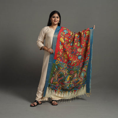 Red - Chanderi Silk Srikalahasti Handpainted Pen Kalamkari Dupatta 19