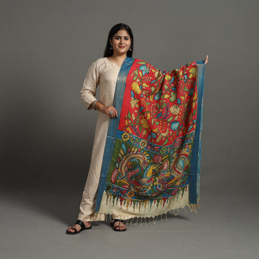 Red - Chanderi Silk Srikalahasti Handpainted Pen Kalamkari Dupatta 19