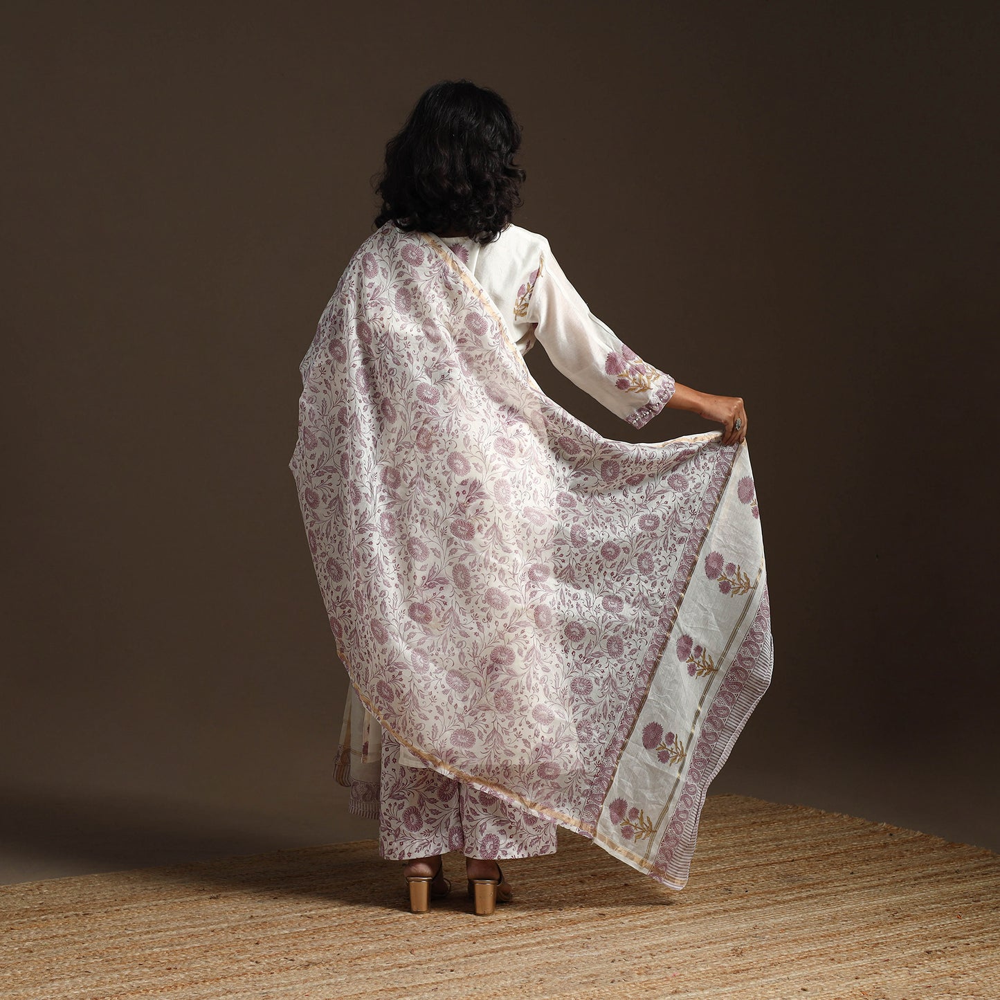 White - Chanderi Silk Hand Embroidery Block Print Sanganeri Suit Set with Dupatta for women 08