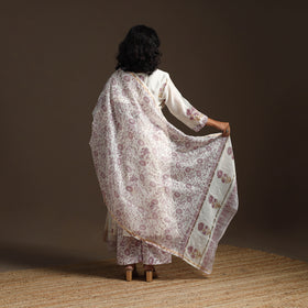 White - Chanderi Silk Hand Embroidery Block Print Sanganeri Suit Set with Dupatta for women 08