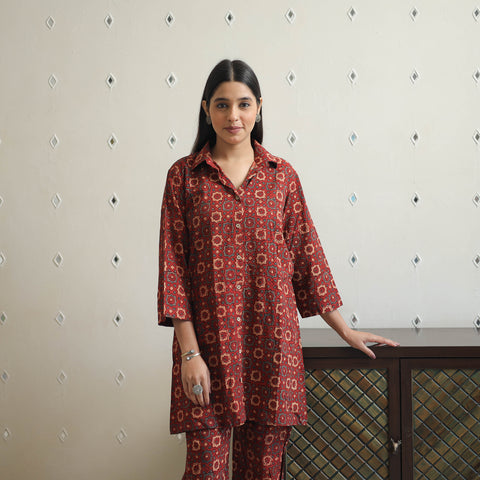 Red - Block Printed Cotton Ajrakh Co-ord Set 22