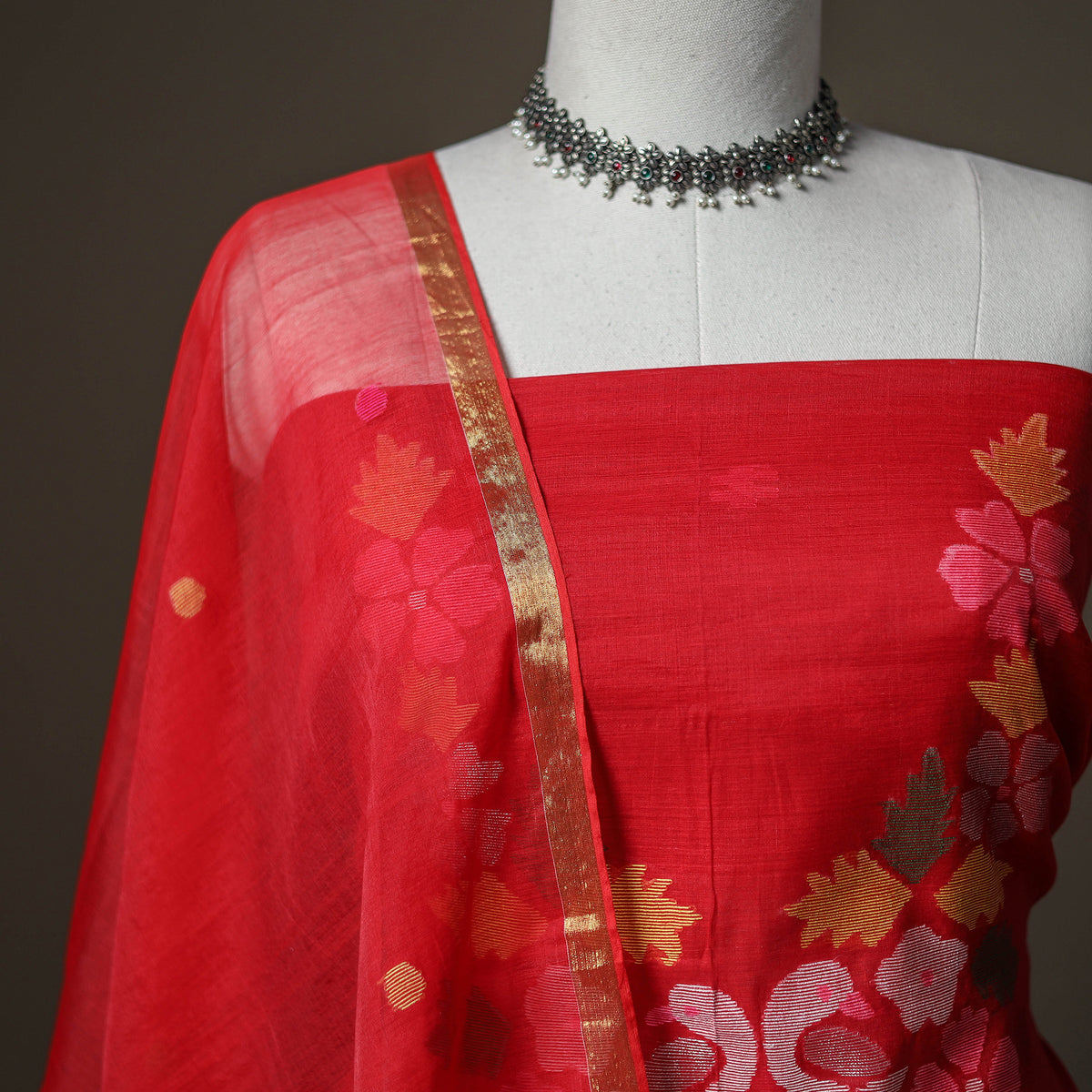 Jamdani Pure Handloom Muslin Unstitched Dress Material: Kurta with Dupatta 34