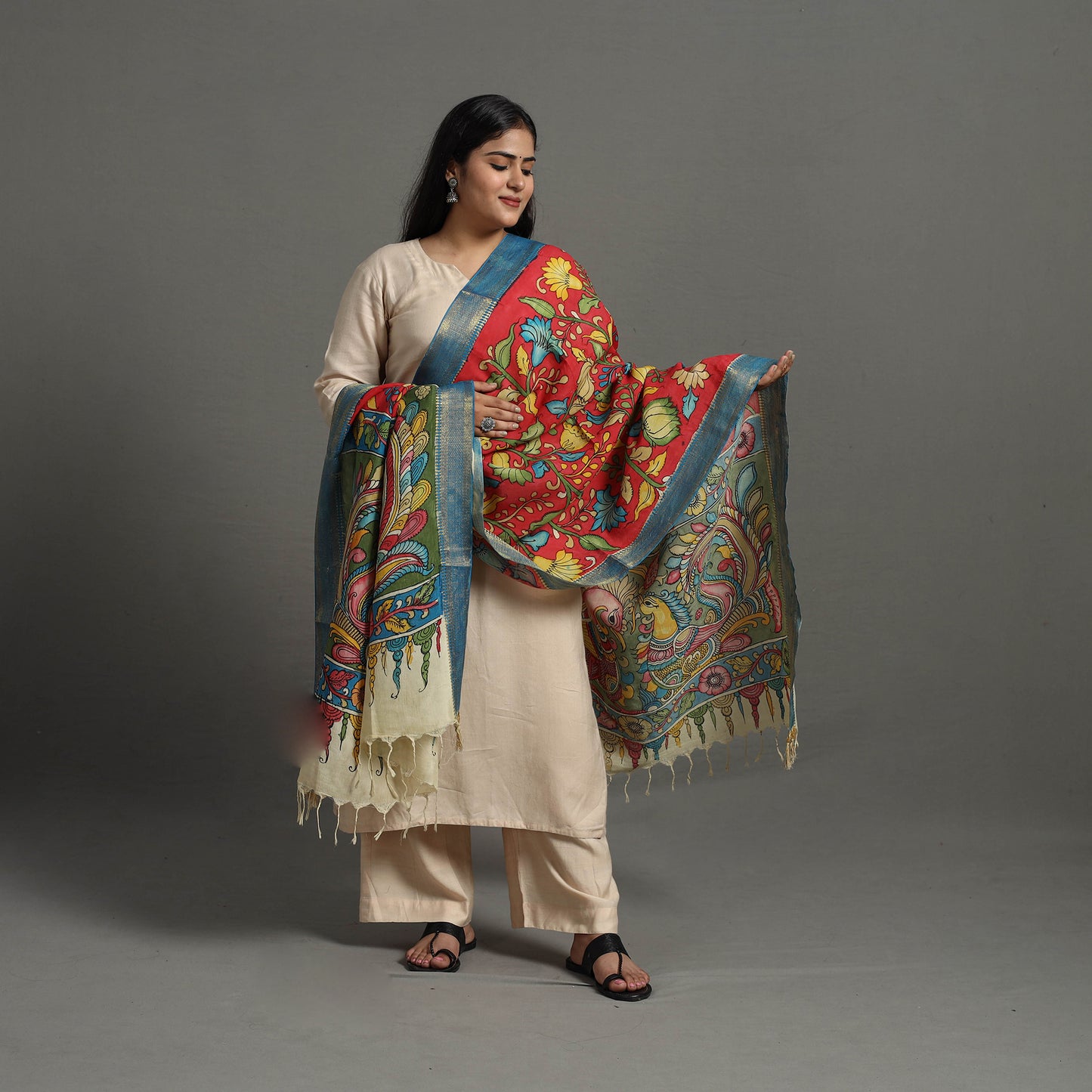 Red - Chanderi Silk Srikalahasti Handpainted Pen Kalamkari Dupatta 19