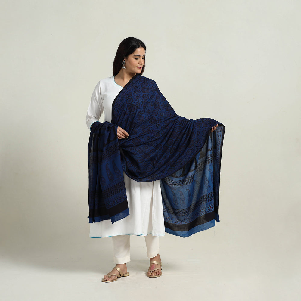 Blue - Natural Dyed Hand Block Print Cotton Bagh Dupatta 10