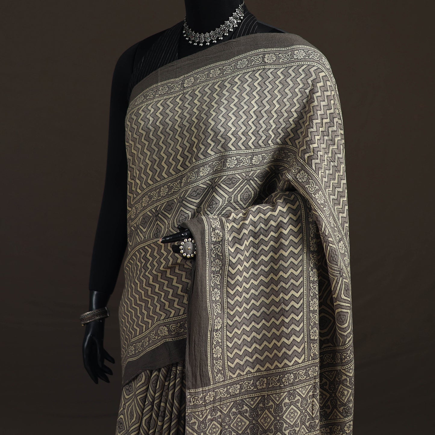 Beige - Handwoven Merino Wool Natural Dyed Hand Block Print Ajrakh Saree 13