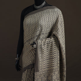 Beige - Handwoven Merino Wool Natural Dyed Hand Block Print Ajrakh Saree 13