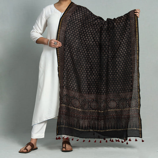 Black - Ajrakh Hand Block Printed Chanderi Silk Handloom Dupatta with Tassels