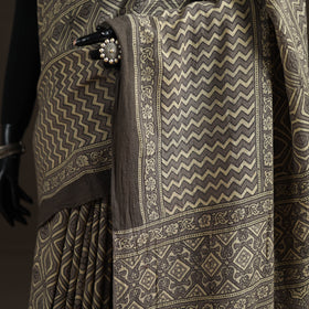 Beige - Handwoven Merino Wool Natural Dyed Hand Block Print Ajrakh Saree 13