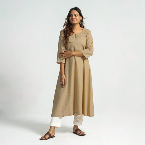 Beige - Plain Running Stitch Cotton Pintuck A-Line Long Kurta