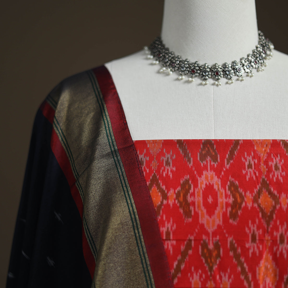 Pochampally Ikat Handloom Sico Unstitched Dress Material: Kurta with Dupatta 01