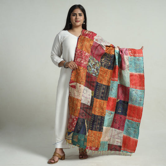 Multicolor - Bengal Kantha Embroidery Patchwork Reversible Silk Dupatta 43