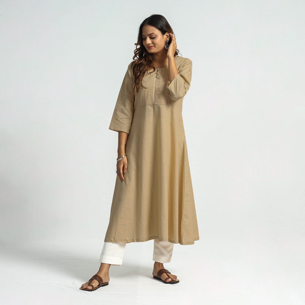 Beige - Plain Running Stitch Cotton Pintuck A-Line Long Kurta