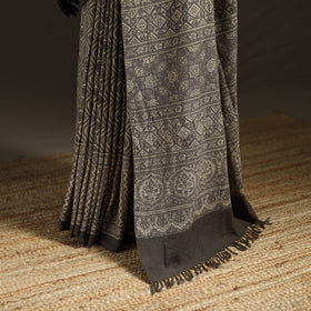 Beige - Handwoven Merino Wool Natural Dyed Hand Block Print Ajrakh Saree 13