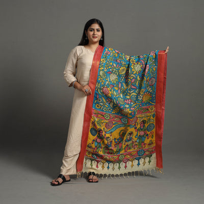 Blue - Chanderi Silk Srikalahasti Handpainted Pen Kalamkari Dupatta 20