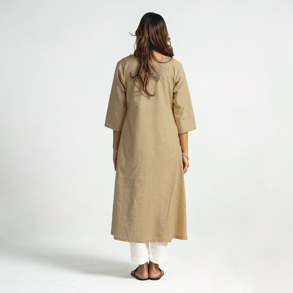 Beige - Plain Running Stitch Cotton Pintuck A-Line Long Kurta