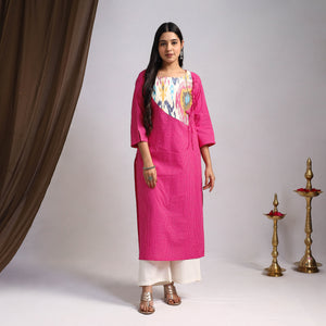 Pink - Nazakat Heritage Patchwork Cotton Straight Plain Kurta 04