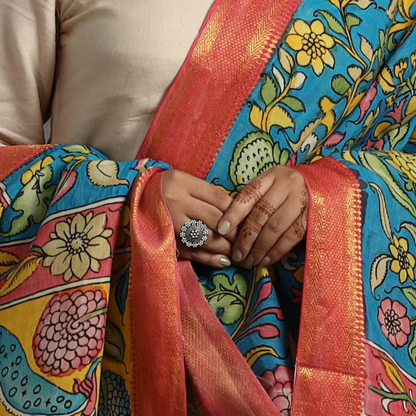 Blue - Chanderi Silk Srikalahasti Handpainted Pen Kalamkari Dupatta 20