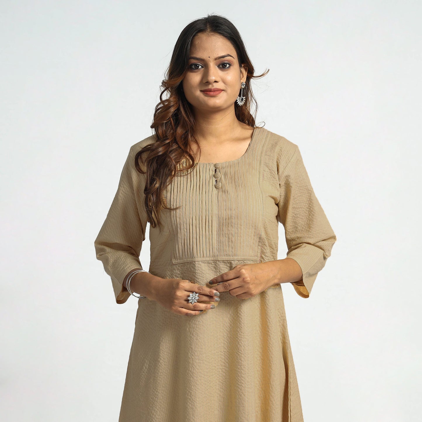 Beige - Plain Running Stitch Cotton Pintuck A-Line Long Kurta