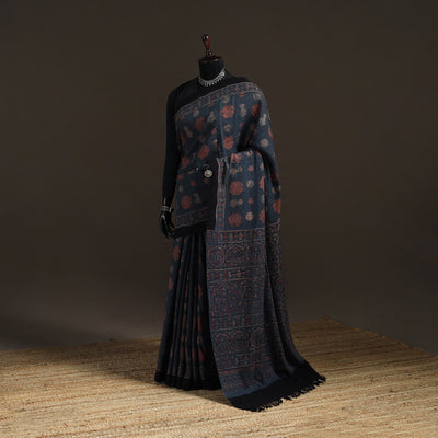 Handwoven Merino Wool Natural Dyed Hand Block Print Ajrakh Saree 14