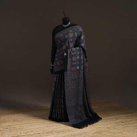 Handwoven Merino Wool Natural Dyed Hand Block Print Ajrakh Saree 14