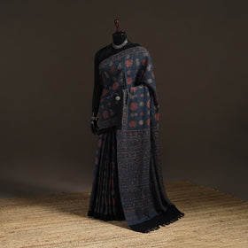Handwoven Merino Wool Natural Dyed Hand Block Print Ajrakh Saree 14