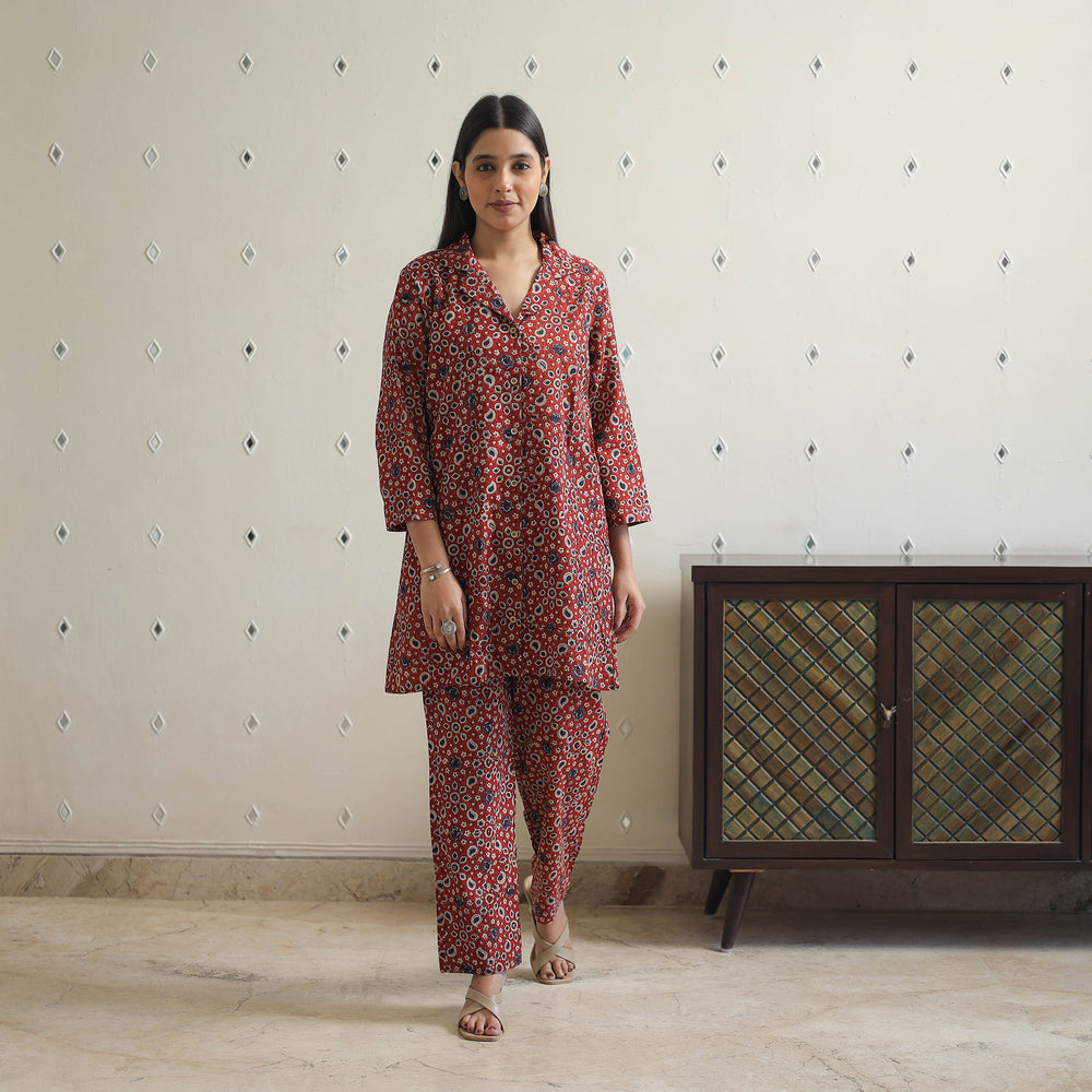 Red - Block Printed Cotton Ajrakh Co-ord Set 21