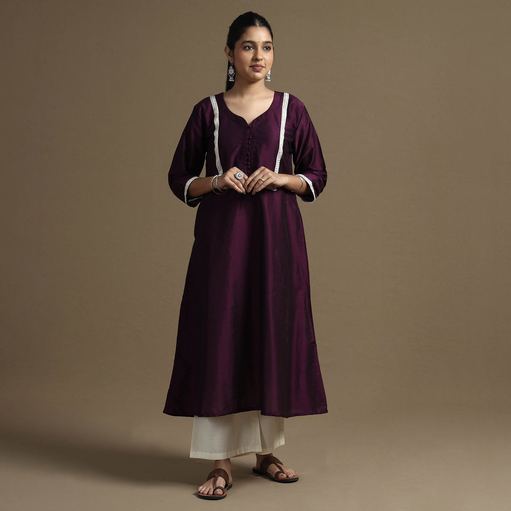 Byzantium Purple - Plain Solid Slub Silk A-Line Kurta with Beadwork Hand Embroidery Lace