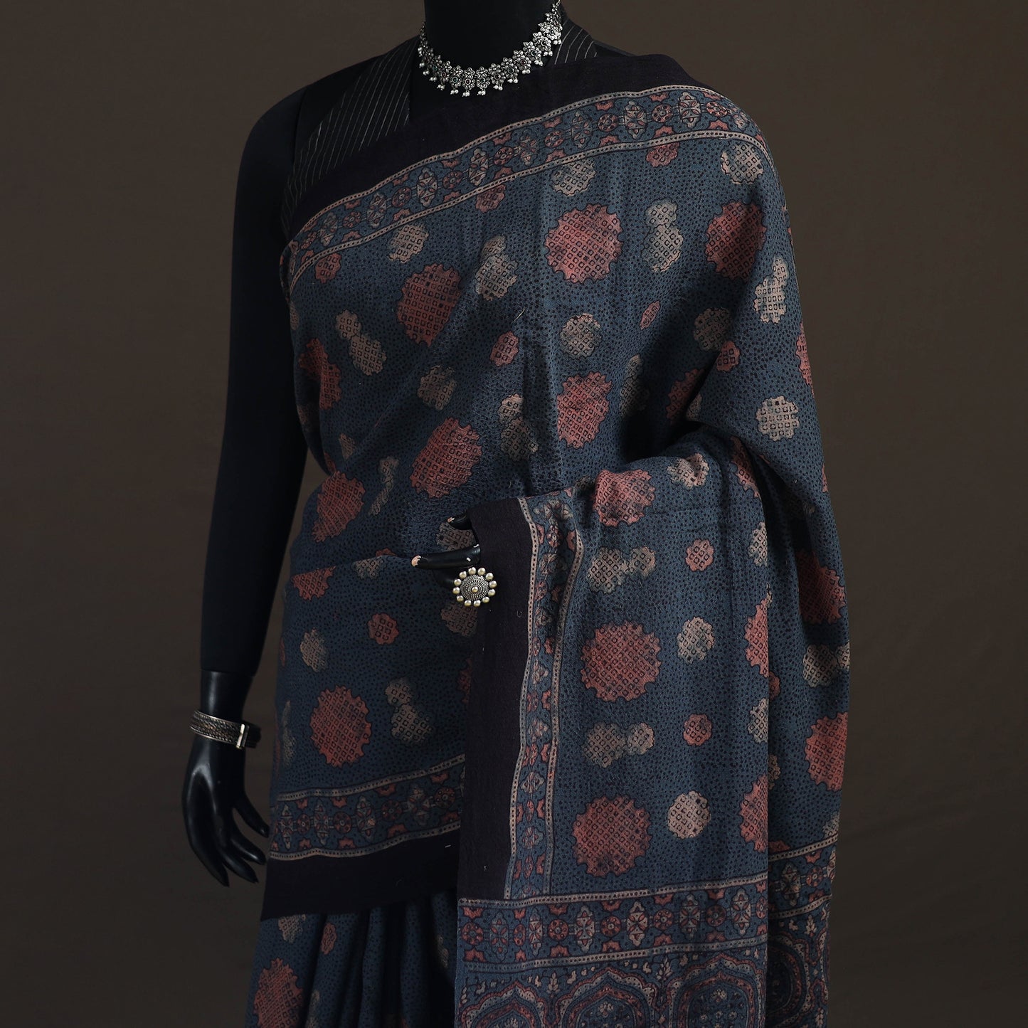 Handwoven Merino Wool Natural Dyed Hand Block Print Ajrakh Saree 14