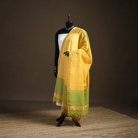 Yellow - Pure Handloom Cotton Nizam Zari Border Mangalagiri Dupatta 26