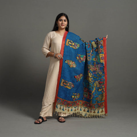 Blue - Chanderi Silk Srikalahasti Handpainted Pen Kalamkari Dupatta 21