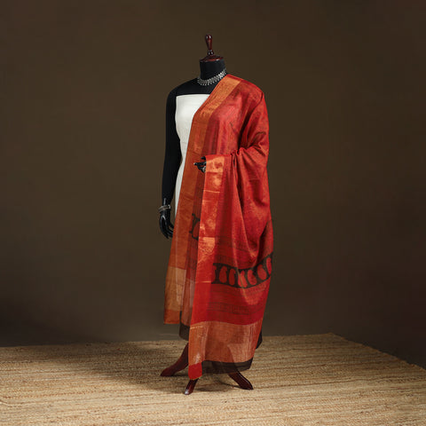 Red - Bagh Hand Block Print Natural Dyed Tissue Zari Chanderi Silk Dupatta 27