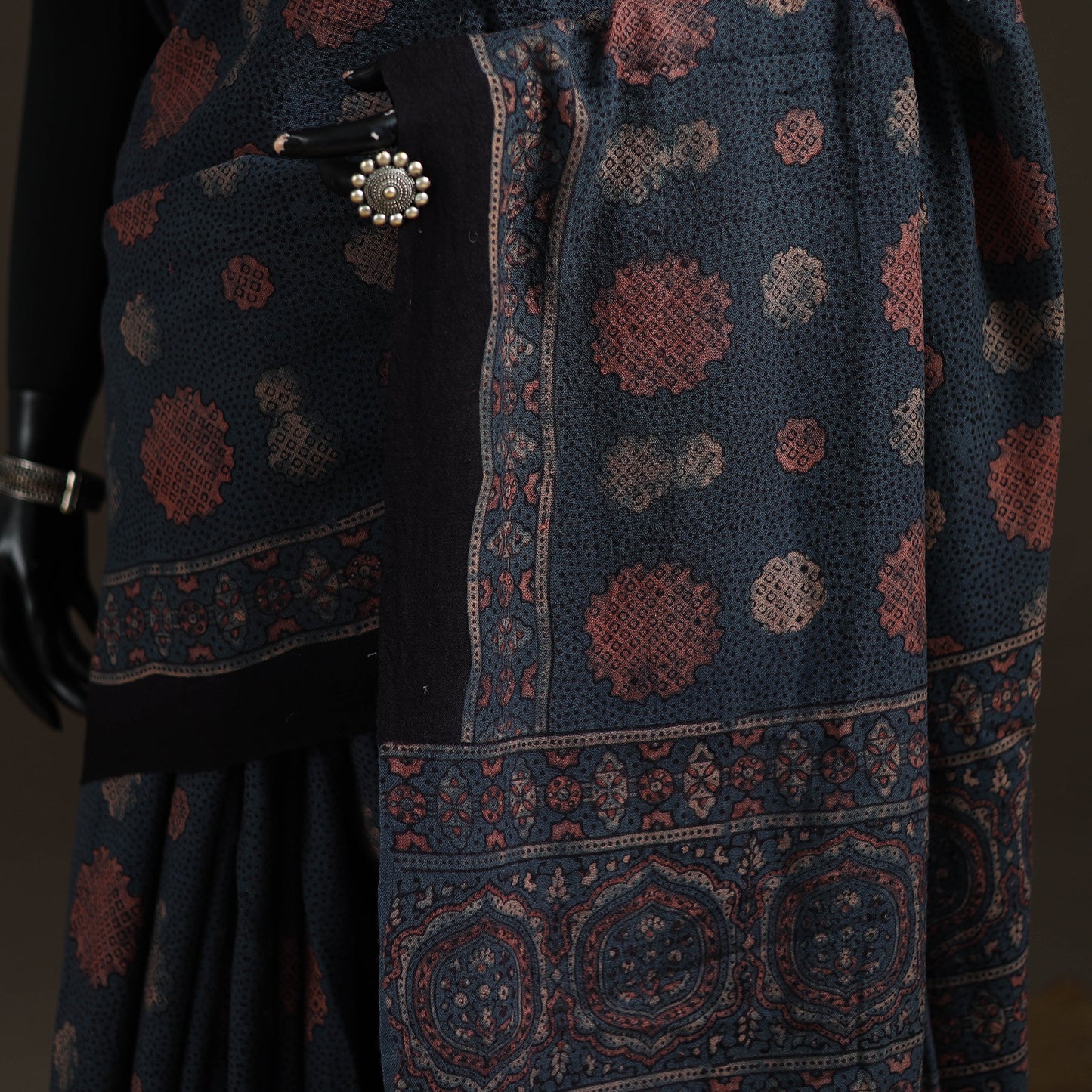 Handwoven Merino Wool Natural Dyed Hand Block Print Ajrakh Saree 14