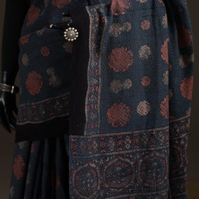 Handwoven Merino Wool Natural Dyed Hand Block Print Ajrakh Saree 14