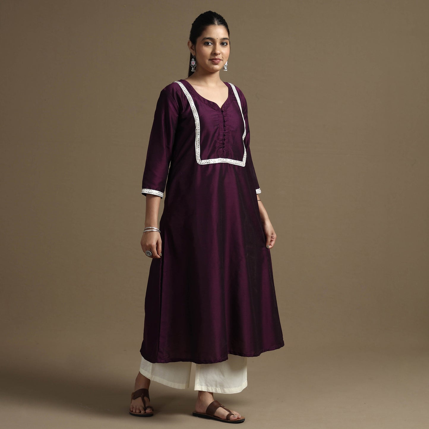 Byzantium Purple - Plain Solid Slub Silk A-Line Kurta with Beadwork Hand Embroidery Lace