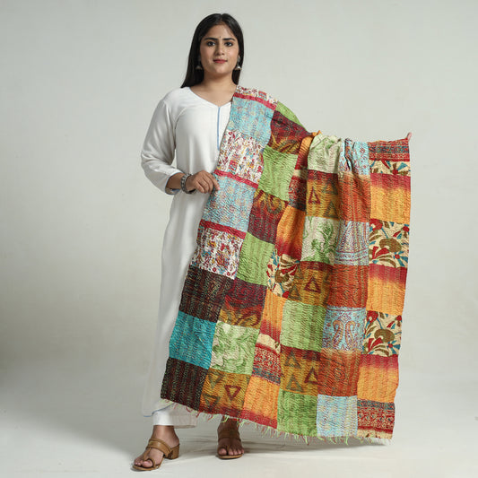 Multicolor - Bengal Kantha Embroidery Patchwork Reversible Silk Dupatta 44