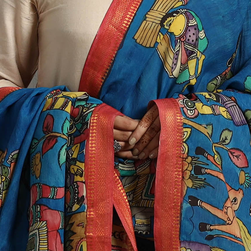 Blue - Chanderi Silk Srikalahasti Handpainted Pen Kalamkari Dupatta 21